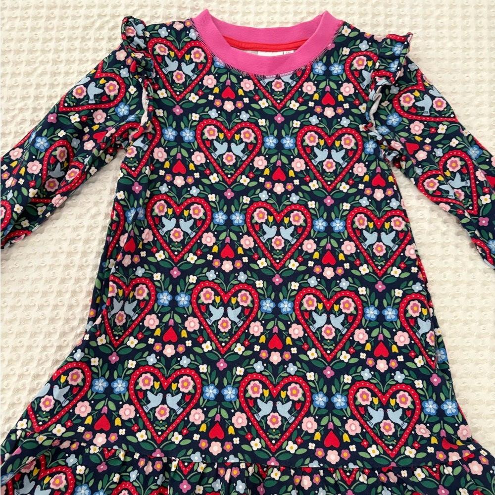Mini Boden Pink and Red A -Line Ruffle Long-Sleeved Dress - Size 7-8